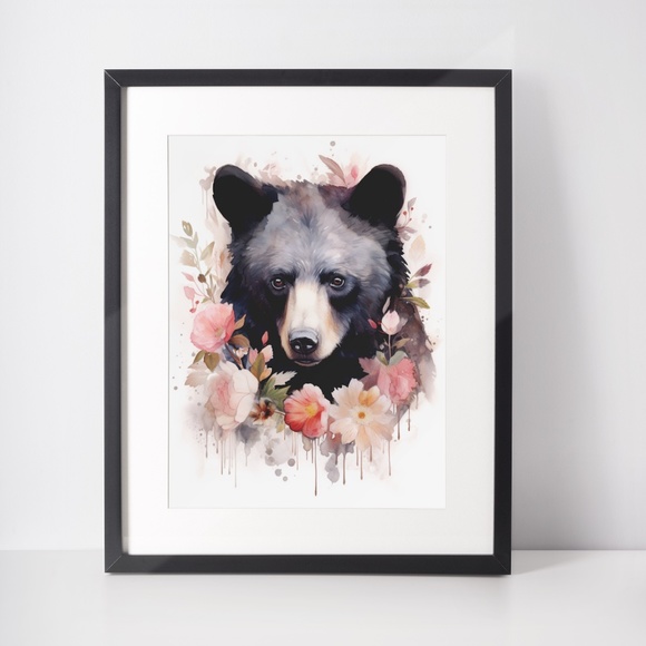 Watercolor Floral Black Bear Portrait Wall Art Illustration Print Unframed - Picture 3 of 5